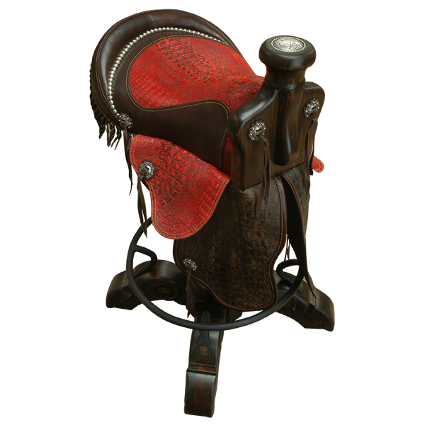 Elevated three-quarter view of Kineño Saddle bar stool with floral horn and circular footrest
