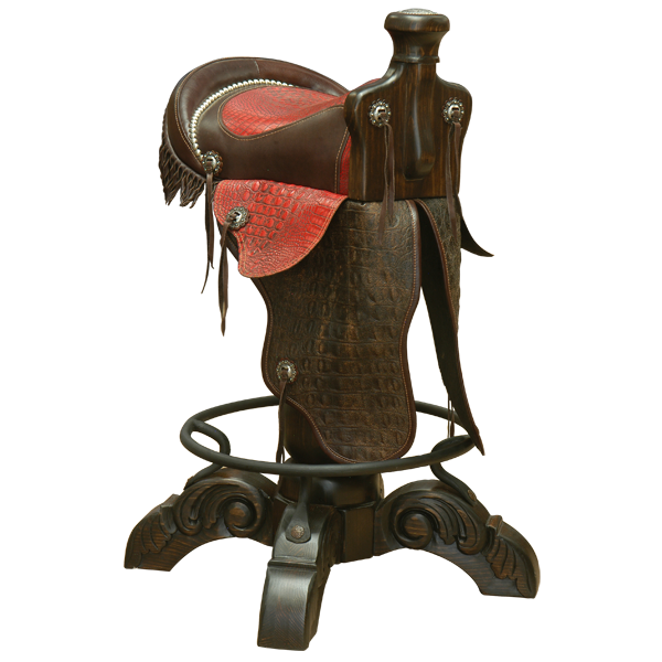 Three-quarter front view of Kineño Saddle bar stool with cowhide fenders and fringe details