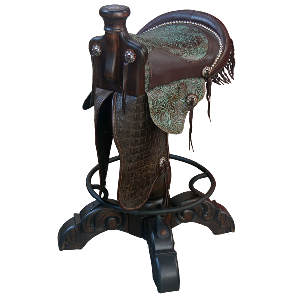 Three-quarter front view of Kineño 2 Saddle bar stool with turquoise embossed leather and cowhide fenders