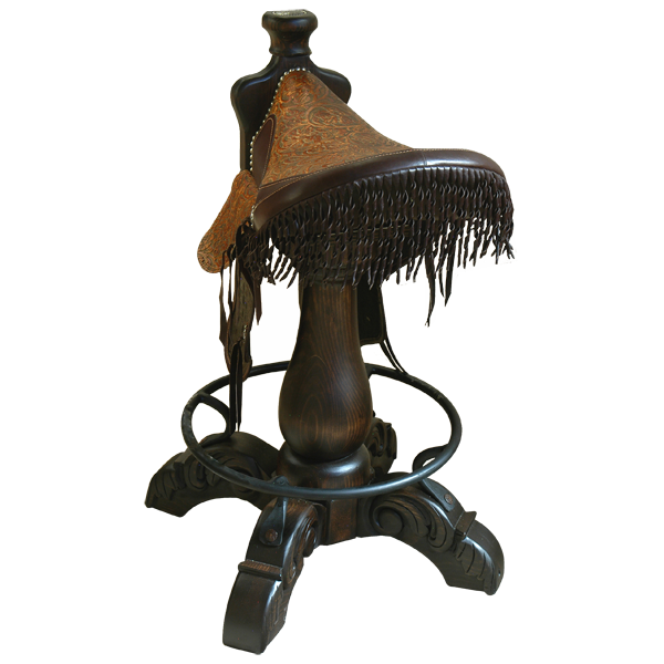 Rear view of Kineño 4 Saddle bar stool with fringe and cowhide fenders