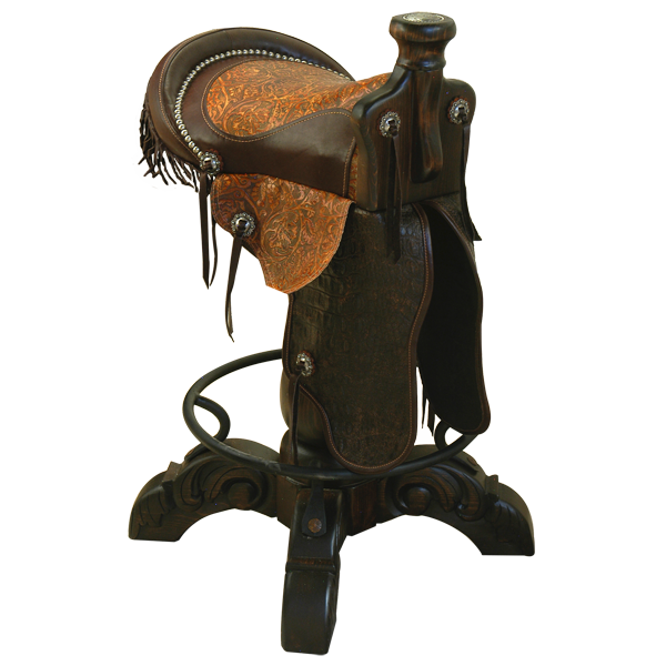 Three-quarter front view of Kineño 4 Saddle bar stool with embossed natural and dark leather saddle