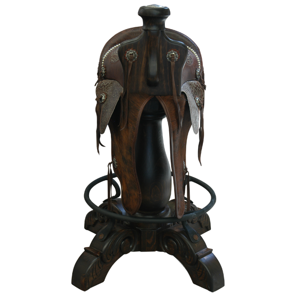 Front view of Kineño 6 Saddle bar stool with full grain leather seat and floral horn medallion