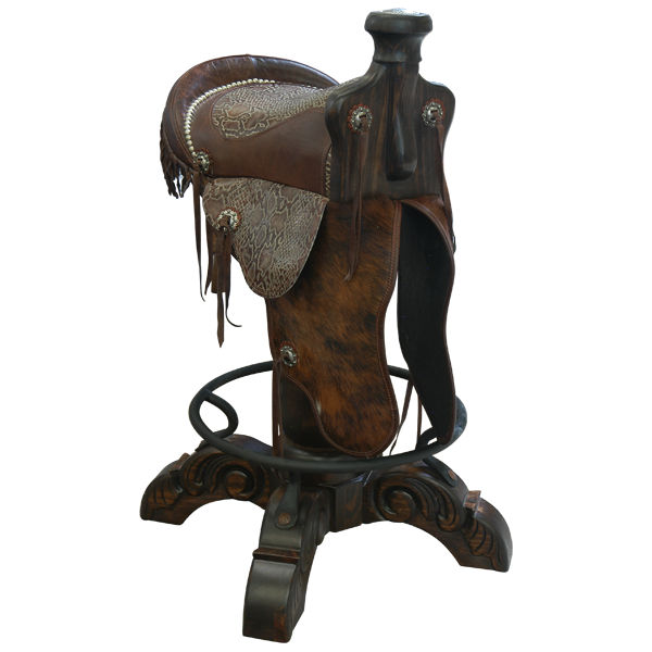 Three-quarter front view of Kineño 6 Saddle bar stool with cowhide fenders and patterned leather seat