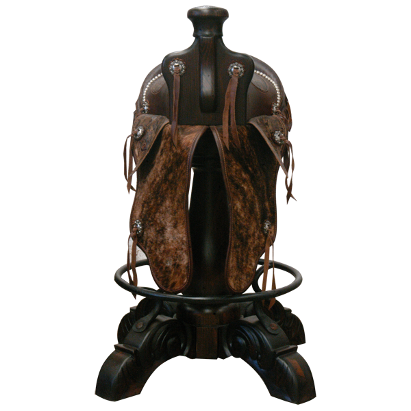 Front view of Kineño 7 Saddle bar stool with full grain leather seat and floral horn medallion
