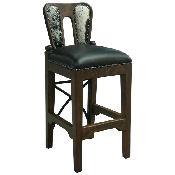 Three-quarter front view of La Manada 2 bar stool with cowhide backrest and curved footrest