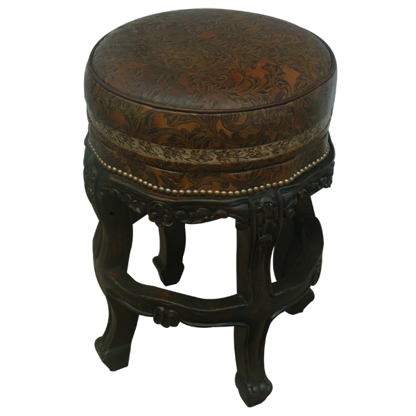 Elevated front view of Florencia circular bar stool with embossed leather and carved wood legs