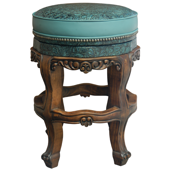 Front view of Tigresa 2 circular bar stool with turquoise leather and carved wood legs
