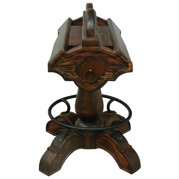 Front view of Champion Saddle bar stool with wood pedestal and decorative ironwork