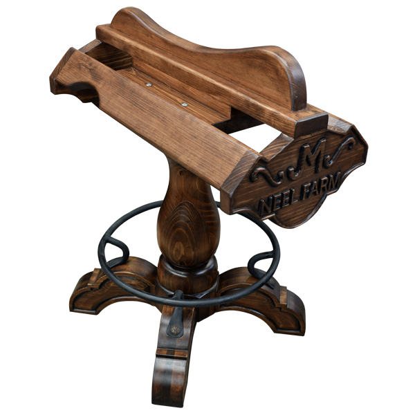 Elevated three-quarter front view of Champion 3 Saddle bar stool with customizable Western design