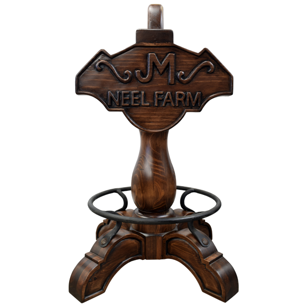 Front view of Champion 3 Saddle bar stool showing hand carved wood details