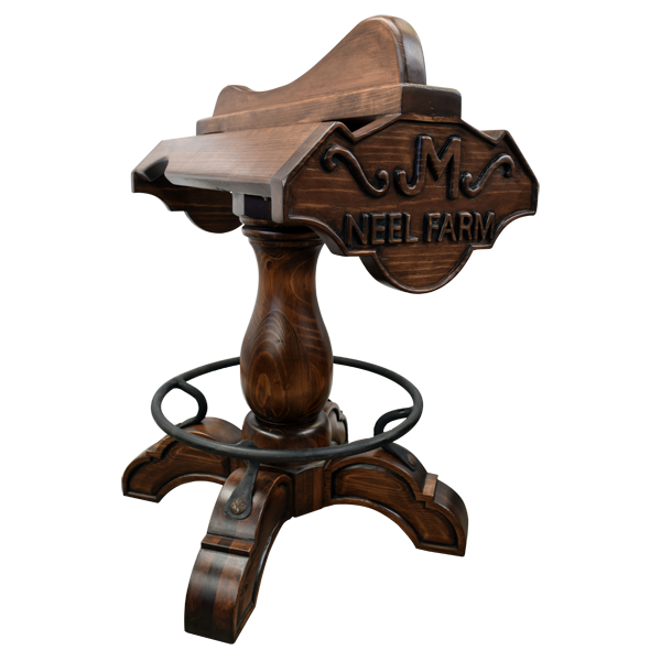 Three-quarter front view of Champion 3 Saddle bar stool with Western copper and iron details