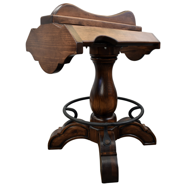 Three-quarter rear view of Champion 3 Saddle bar stool with wood base and iron footrest