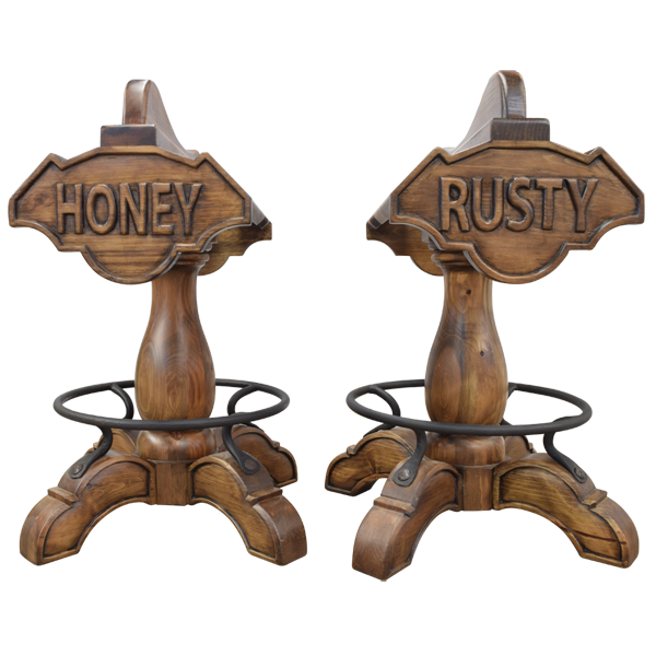 Set view of Champion 4 Saddle bar stools with personalized names carved on each piece