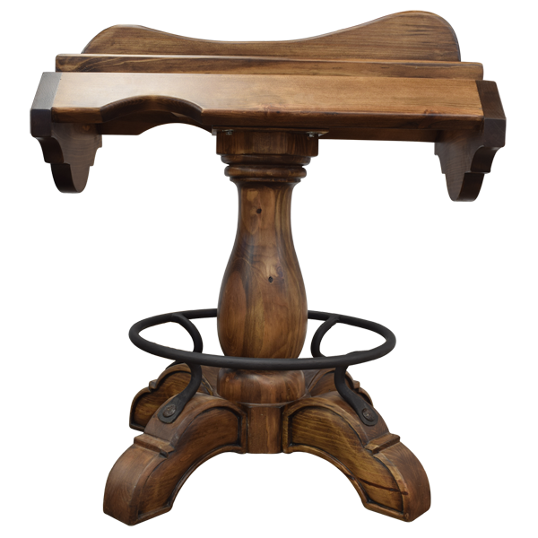 Side view of Champion 4 Saddle bar stool with carved wood and copper paneling