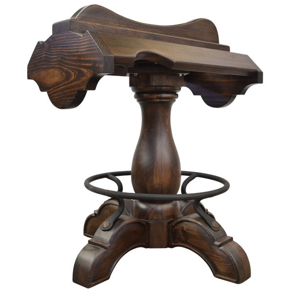 Three-quarter rear view of Champion 6 Saddle bar stool with wood base and iron footrest