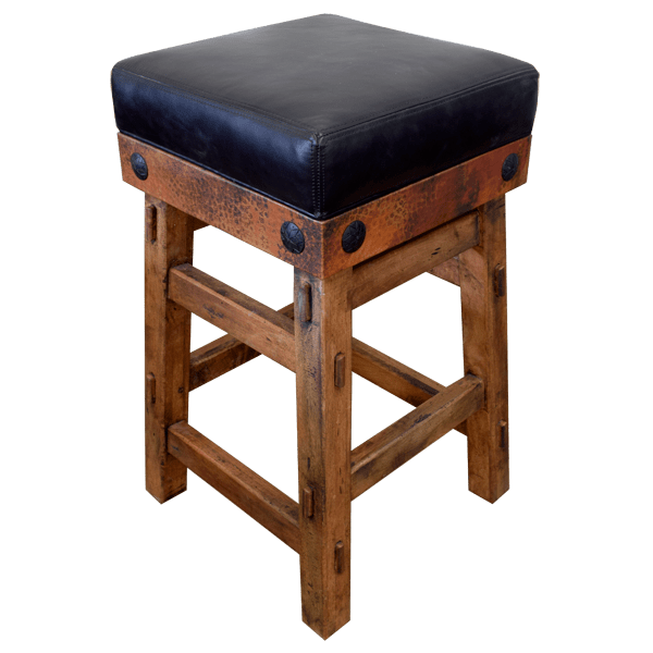 Elevated three-quarter front view of Obsidiana 2 bar stool with black leather and copper base