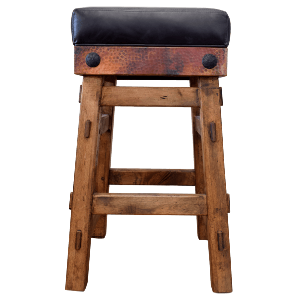 Front view of Obsidiana 2 bar stool with black leather seat and copper base with iron conchos