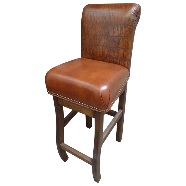 Three-quarter front view of Orador bar stool with natural and brown embossed leather upholstery