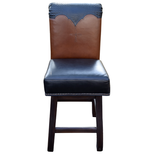 Front view of Orador 2 bar stool with blue and natural leather upholstery and curved legs