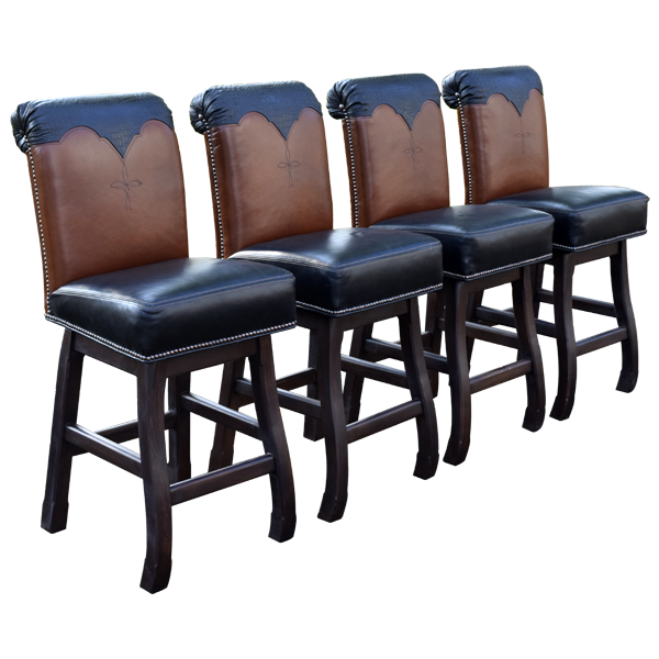 Set of four Orador 2 bar stools with blue and natural leather upholstery