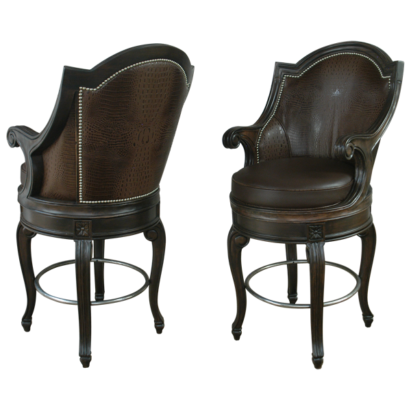 Three-quarter front and rear view of Galan bar stool with carved wood and leather upholstery