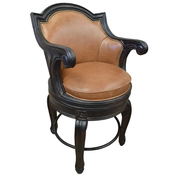 Elevated semi-frontal view of Galán 2 bar stool showing swivel base and carved details