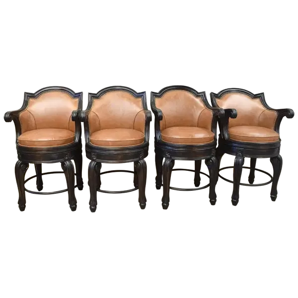 Set of four Galán 2 bar stools with premium leather and dark wood finish
