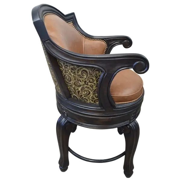Side view of Galán 2 bar stool with curved armrests and nailhead trim