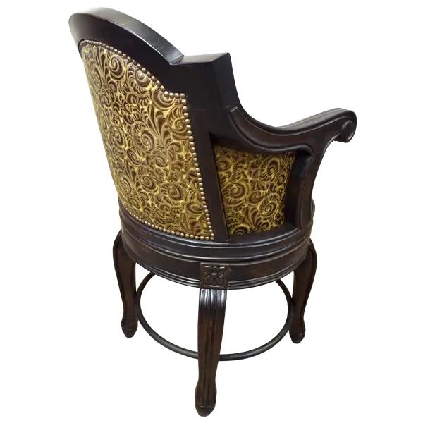 Three-quarter rear view of Galán 2 bar stool with carved wood and leather back
