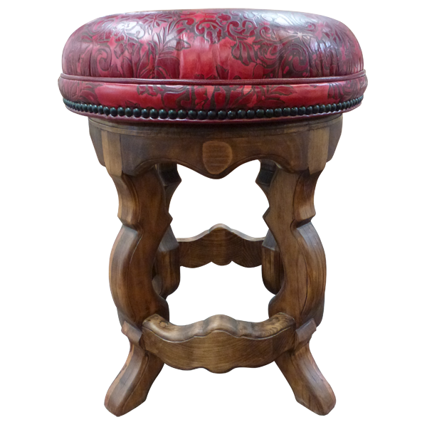 Front view of La Fresa bar stool with red leather and dark wood frame