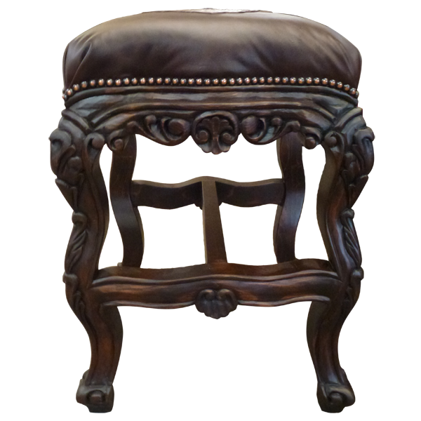 Front view of Coffee bar stool with hand carved cabriole legs and floral accents