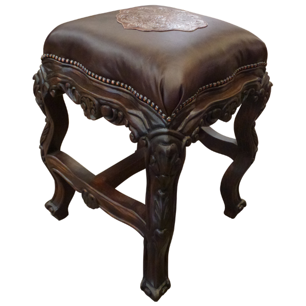 Three-quarter front view of Coffee bar stool with brown leather and ornate wood carving