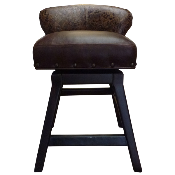 Front view of Elegante bar stool with dark leather seat and embossed backrest