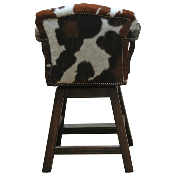 Rear view of Vaquerita bar stool with cowhide backrest and wood frame
