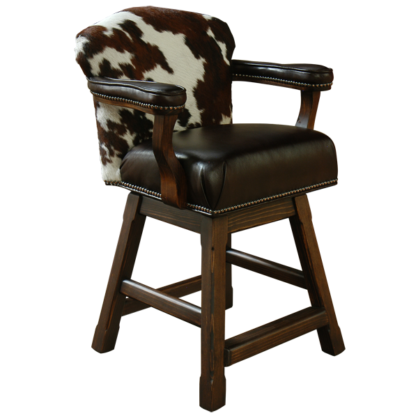 Three-quarter front view of Vaquerita bar stool with Western leather and cowhide upholstery