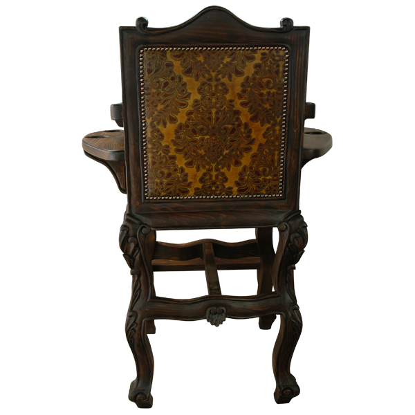 Rear view of Conde bar stool with patterned fabric backrest and hand carved wood frame