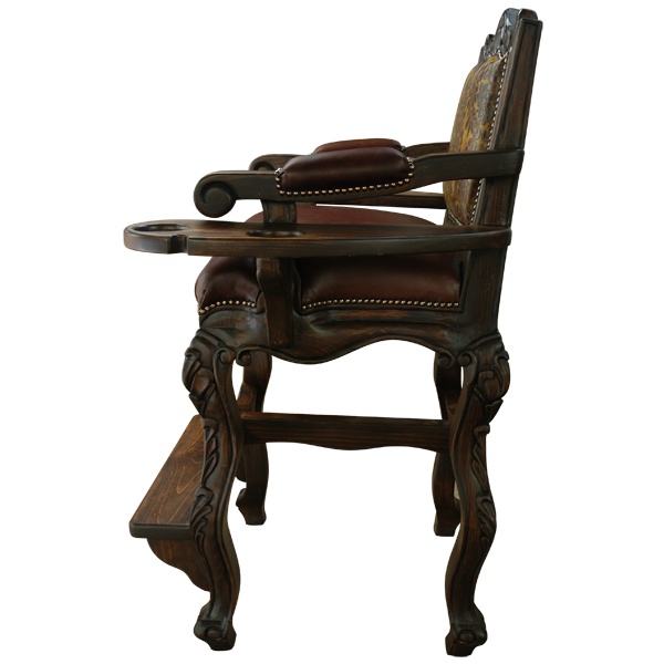 Side view of Conde bar stool with cabriole legs, drink holder, and carved footrest