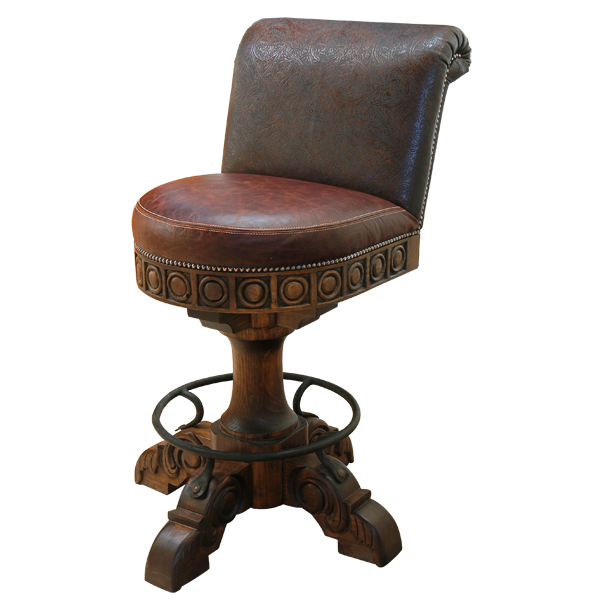 Three-quarter front view of Monje bar stool with colonial carvings and leather upholstery