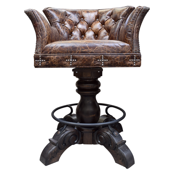 Front view of El Guapo 3 bar stool with button tufted leather and nailhead crosses