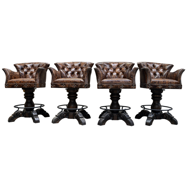 Set of four El Guapo 3 bar stools with button tufted leather and carved wood base