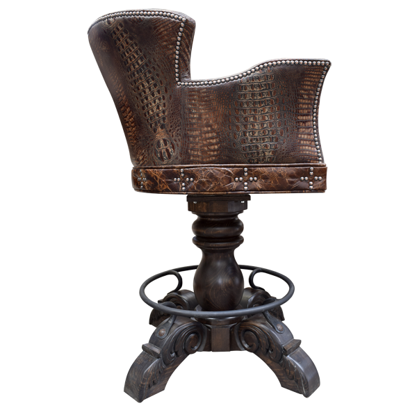 Side view of El Guapo 3 bar stool with embossed leather armrest and swivel base