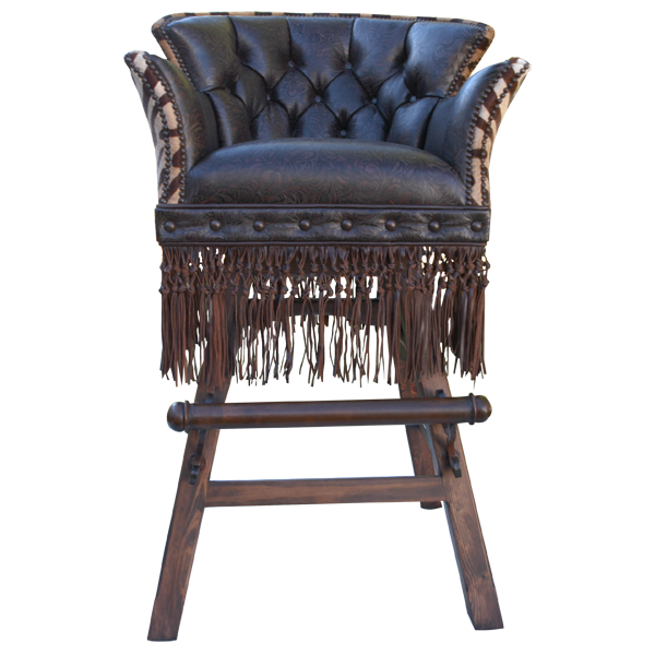 Front view of Belleza bar stool with chocolate leather and zebra cowhide accents