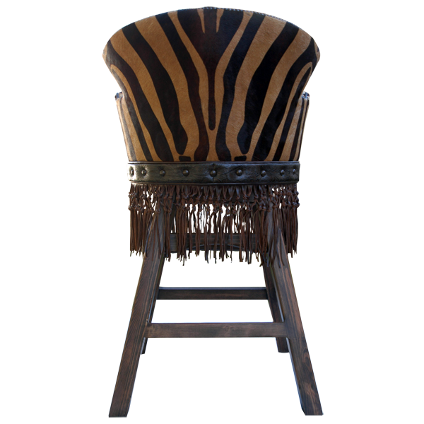 Rear view of Belleza bar stool with zebra cowhide back and leather fringe