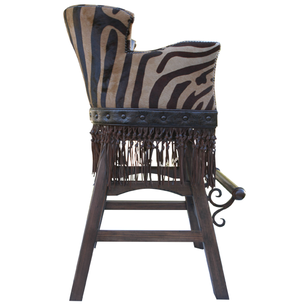 Side view of Belleza bar stool with zebra cowhide armrest and splayed legs