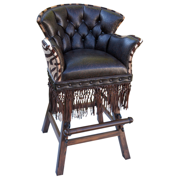 Three-quarter front view of Belleza bar stool with leather fringe and zebra cowhide