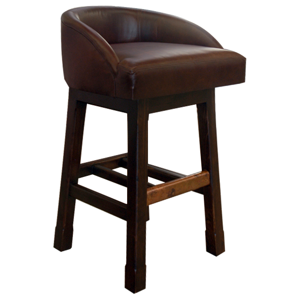 Three-quarter front view of Contemporary Elegance bar stool with leather seat and wood crossbars