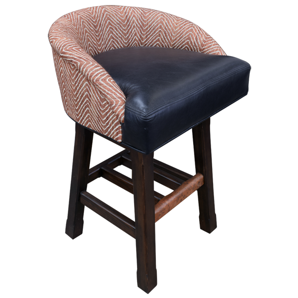 Elevated three-quarter front view of Zen Serenity bar stool with black leather and contrast details