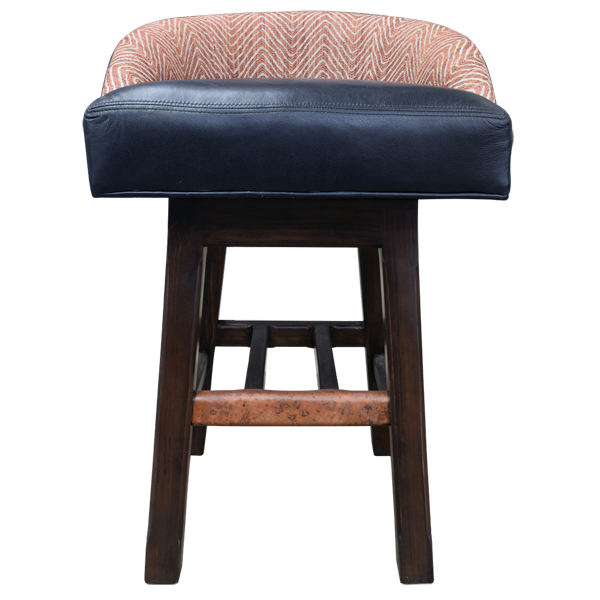 Front view of Zen Serenity bar stool with black leather and patterned fabric