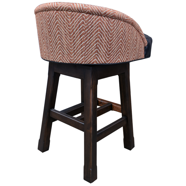 Three-quarter rear view of Zen Serenity bar stool with patterned backrest and wood frame