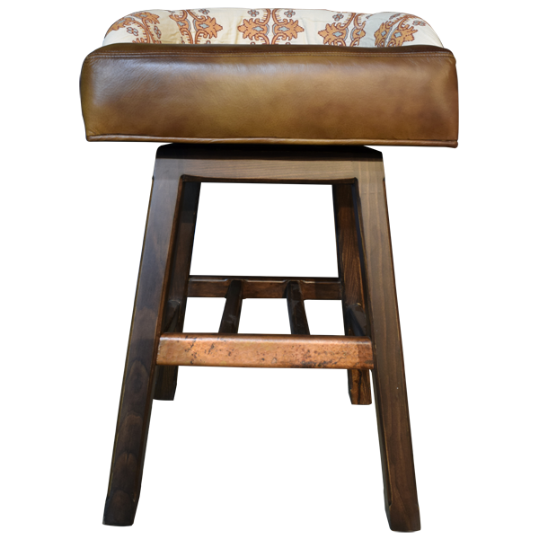 Front view of Contemporary Handcrafted bar stool with brown leather and floral fabric